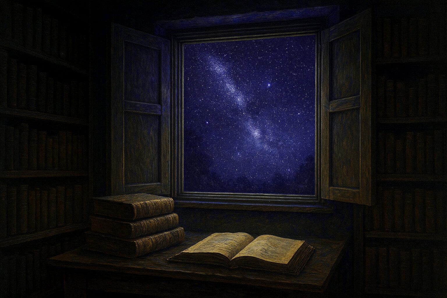 Bild zeigt eine Bibliothek bei Nacht.